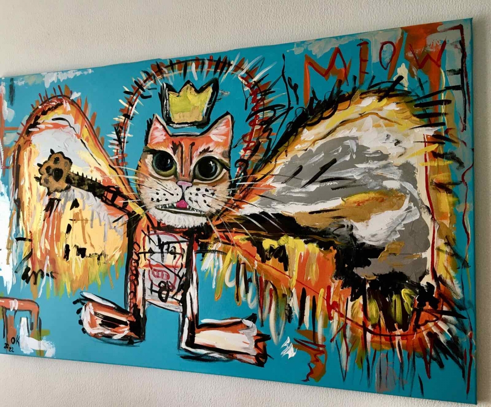 RED CAT KING FALLEN ANGEL (122X 81, 48X 32INCHES ) VERSION OF PAINTING BY JEAN-MICHEL BASQUIAT UNTITLED (FALLEN ANGEL