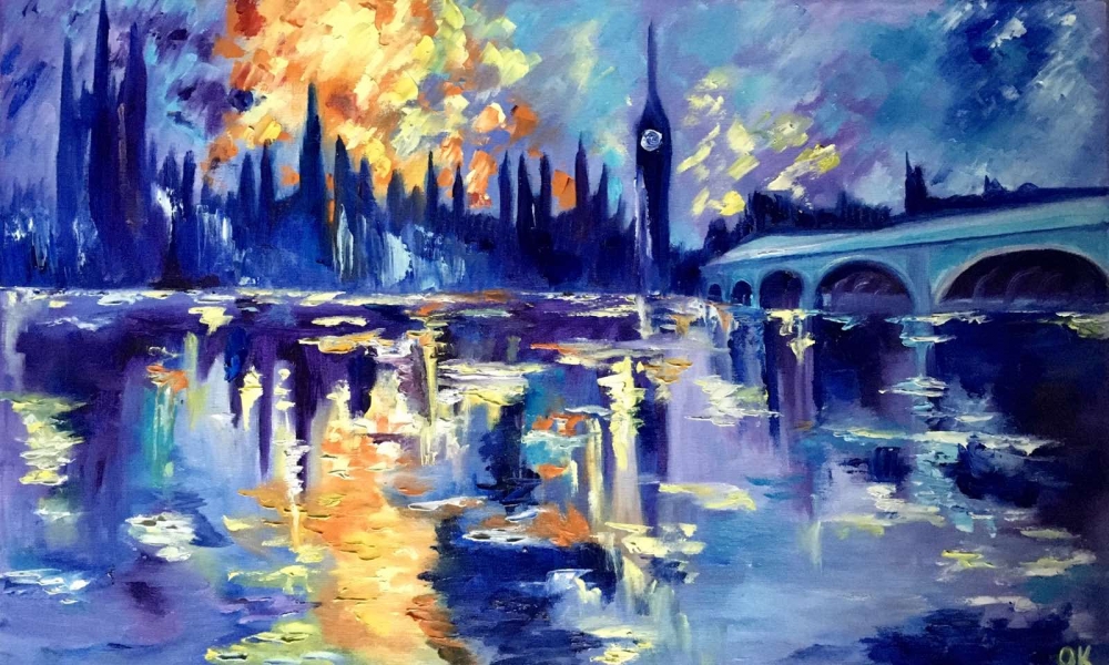 SUNSET IN LONDON. HOUSE OF PARLIAMENT. BIG BEN. WATER REFLECTIONS . RIVER THAMES