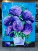 BOUQUET OF PURPLE HYDRANGEA ON TURQUOISE IN A WHITE VASE PALETTE KNIFE ORIGINAL ACRYLIC PAINTING 