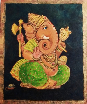 Lord Ganesh in green silk