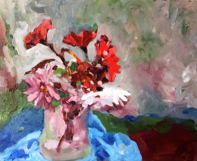 GARDEN FLOWERS STILL LIFE OIL PAINTING