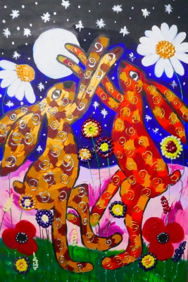 Quirky Hares dancing among the Daisies at Night