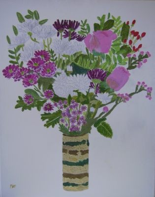 flowers in a striped pottery vase