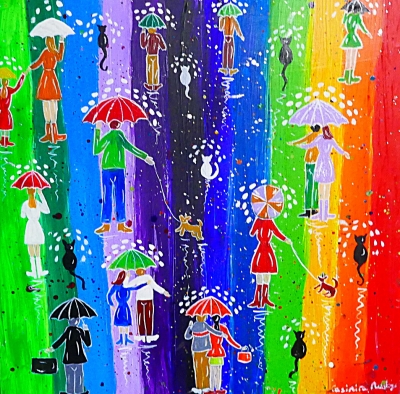Raindrops on Colourful Umbrellas