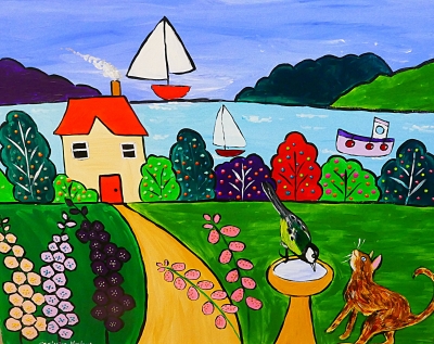 Colourful Naive Seascape with Blue Tit and cat