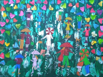 Colourful Hearts Raining on Umbrellas