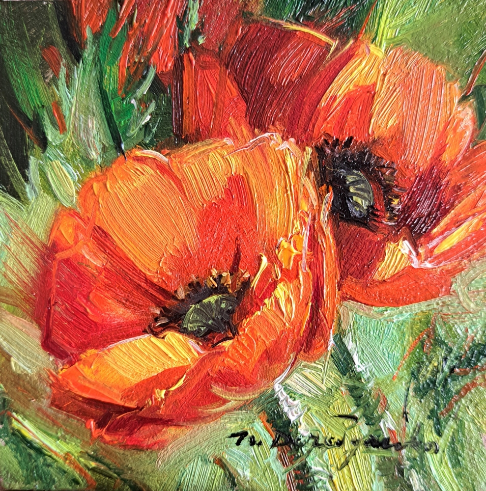 Two poppy flowers oil painting original in gold frame