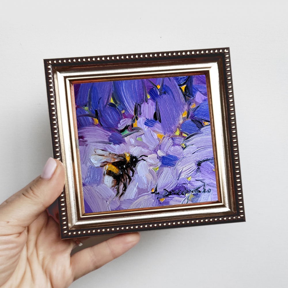 Bumblebee art oil painting original small framed picture 10x10 cm purple background bee wall art