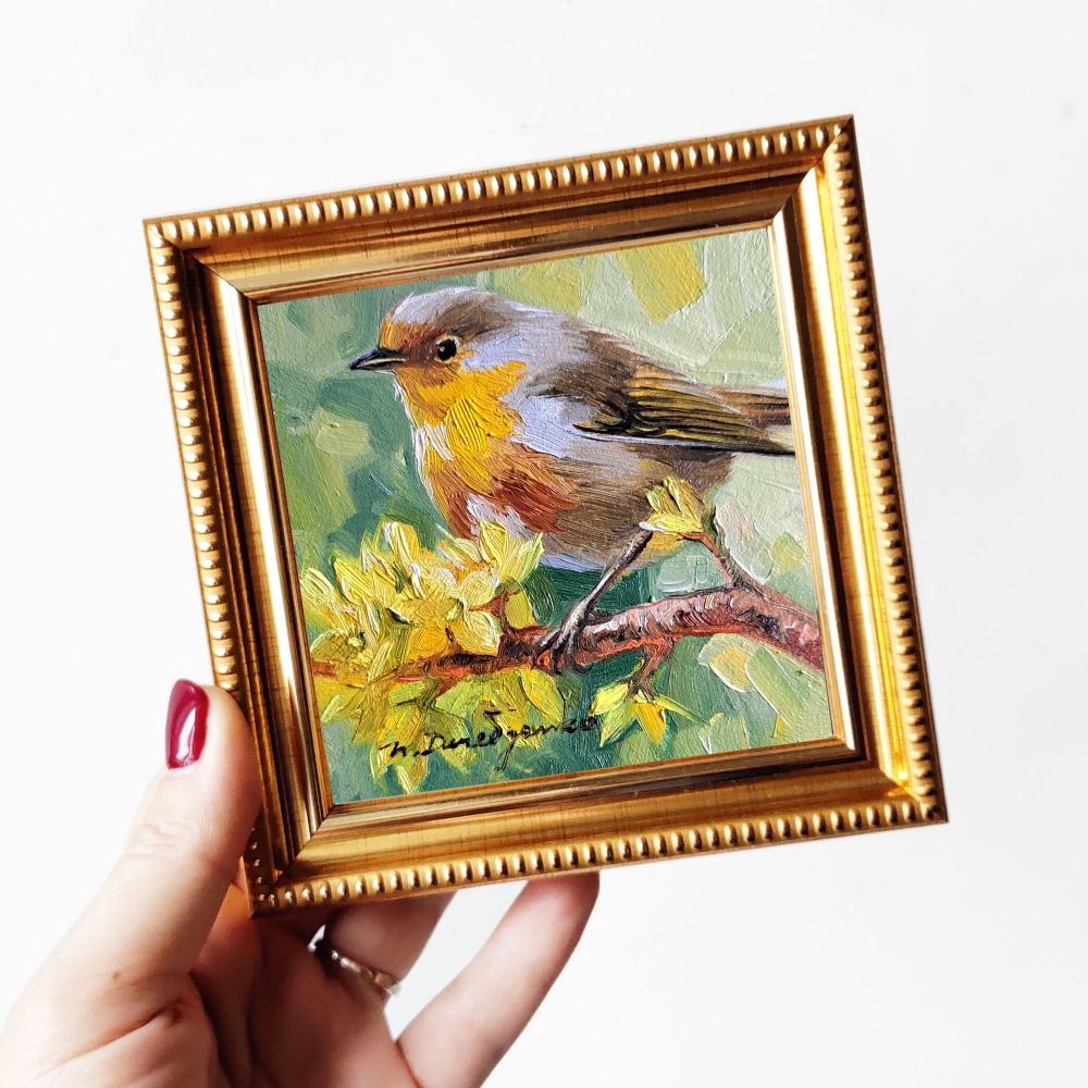 Robin bird oil painting original in gold frame 10x10 cm small art 