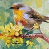 Robin bird oil painting original in gold frame 10x10 cm small art 