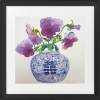 Oriental blue & white vase of purple pansies