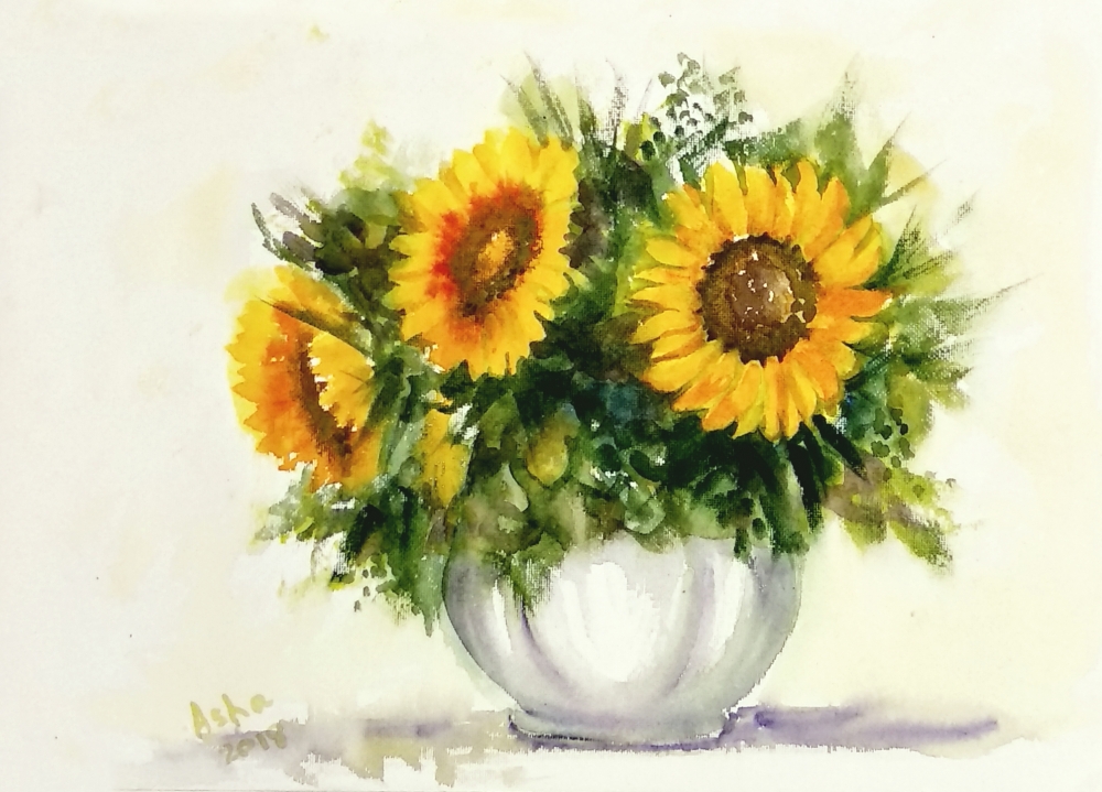 Vase of Sunflowers Watercolor Floral painting