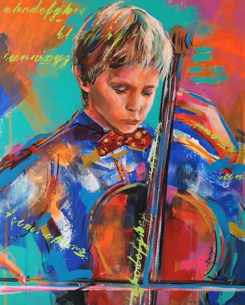 Future- Little Boy Playing Cello Painting on wood