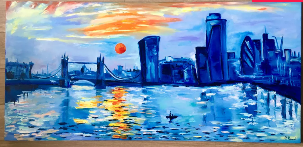  London city, sunrise, variations of blue colours: ultramarine, navy blue, turquoise, sky blue, cobalt.