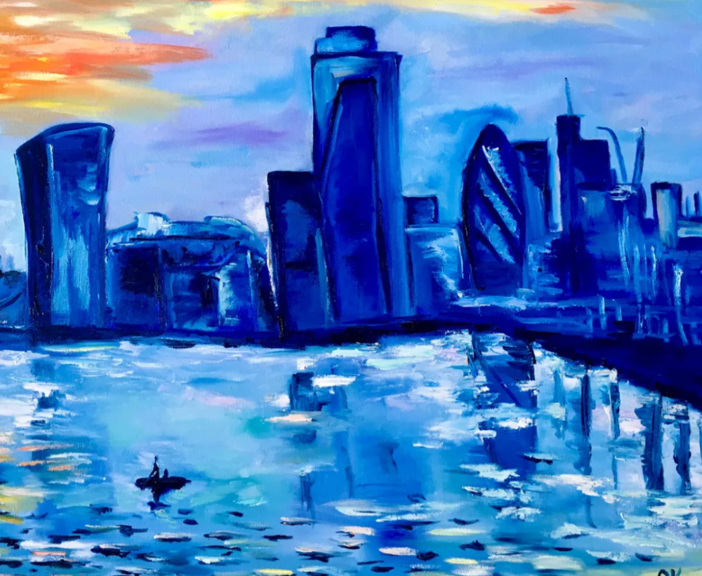  London city, sunrise, variations of blue colours: ultramarine, navy blue, turquoise, sky blue, cobalt.