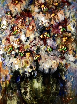 Abstract chrysanthemums in a vase glass artwork 