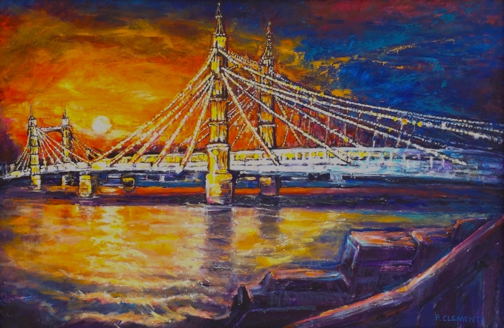 LONDON OIL PAINTING OF SUNSETTING BEHIND ALBERT BRIDGE