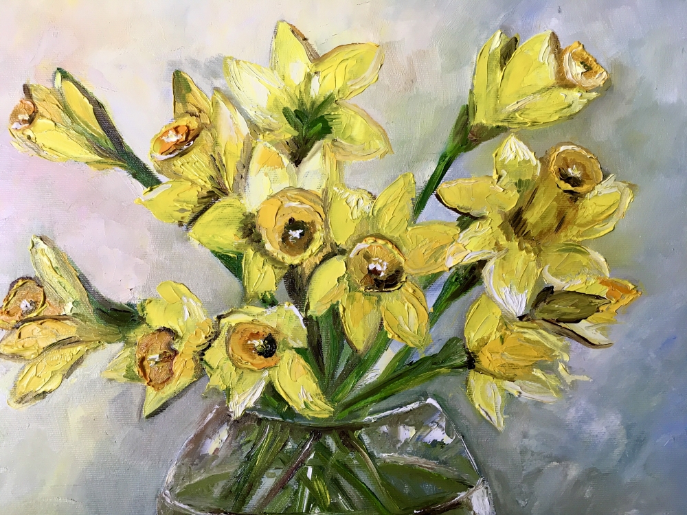 Bouquet of daffodils in a glass vase, Inspired by spring in London 