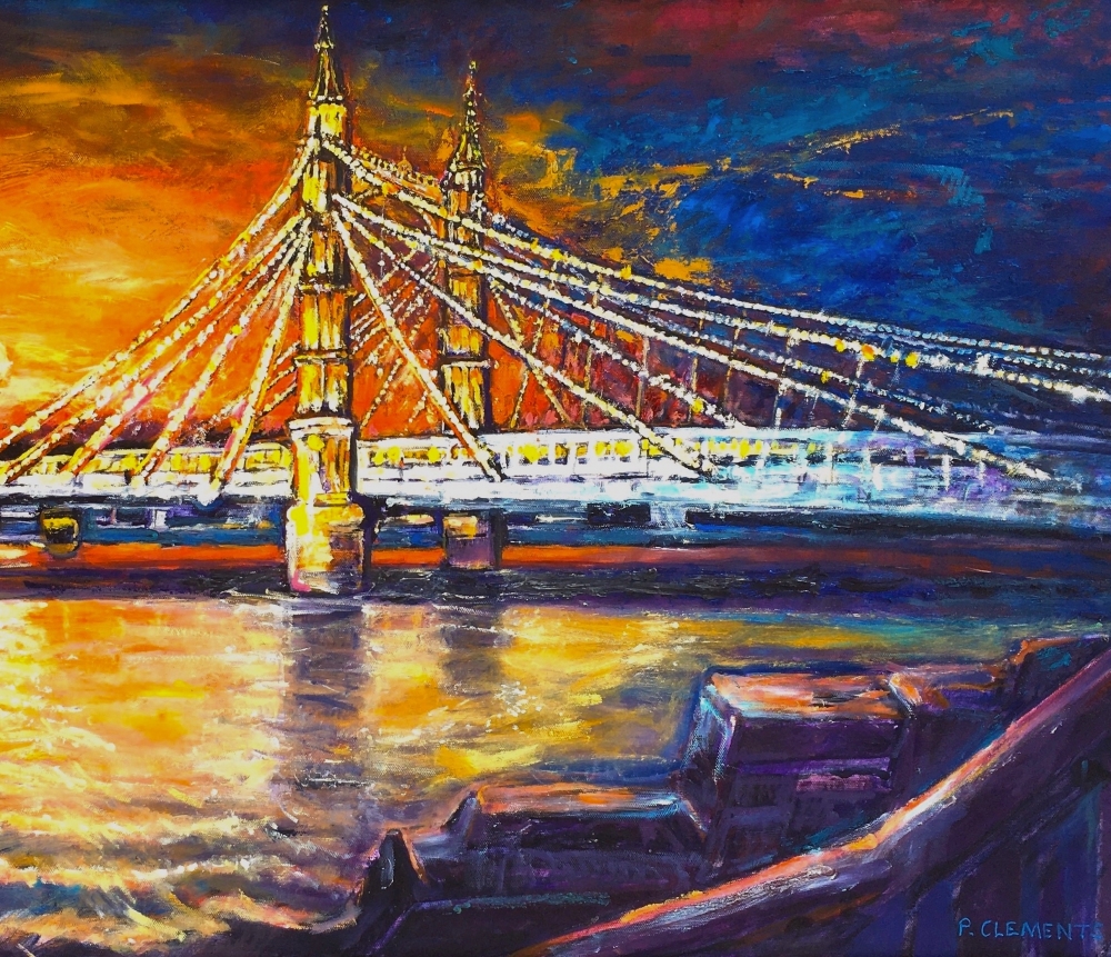 LONDON OIL PAINTING OF SUNSETTING BEHIND ALBERT BRIDGE