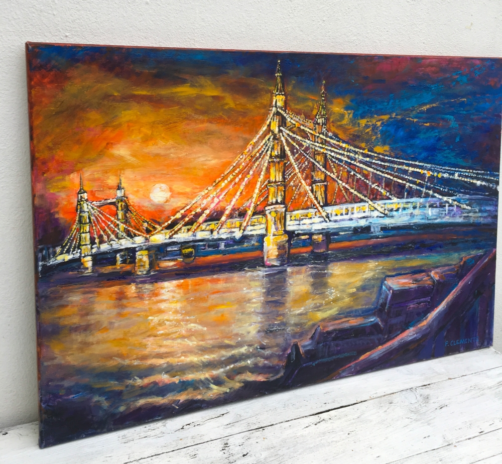 LONDON OIL PAINTING OF SUNSETTING BEHIND ALBERT BRIDGE