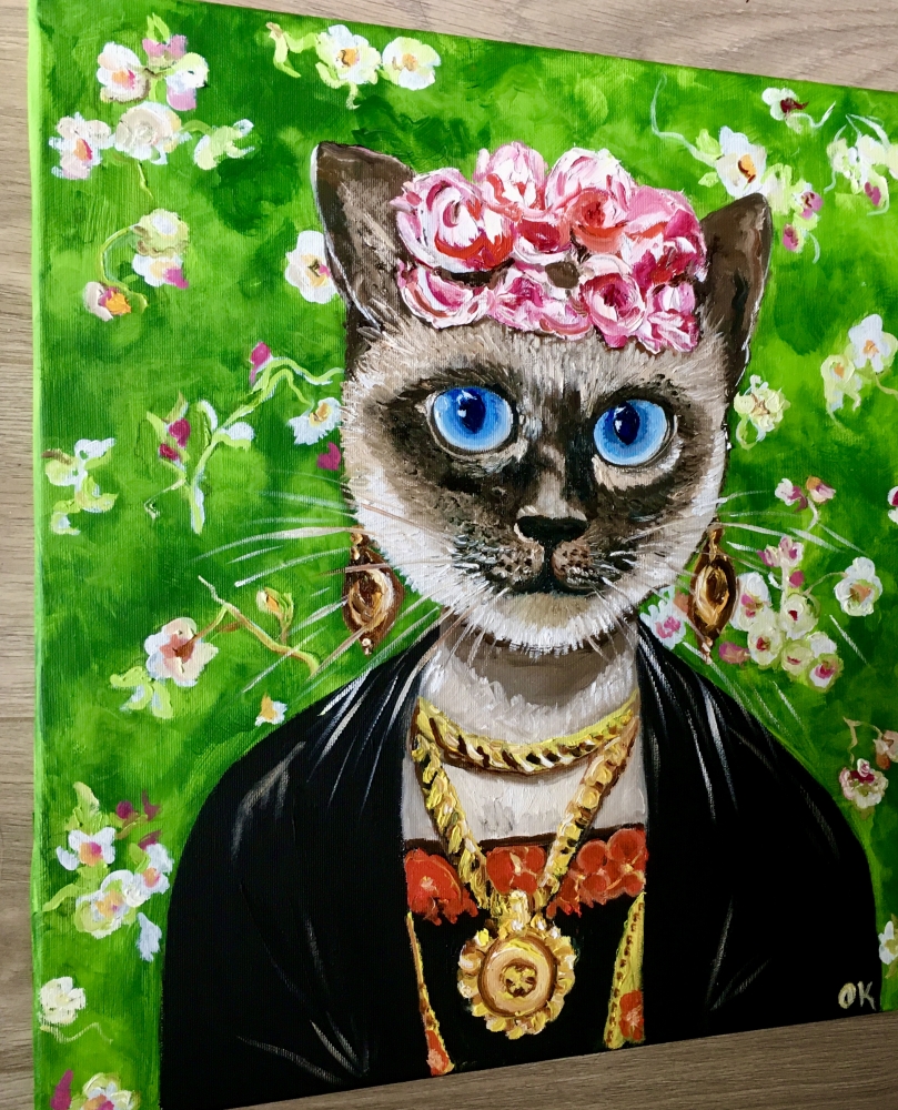 Siamese cat Frida Kahlo inspired by her self-portrait with pink roses