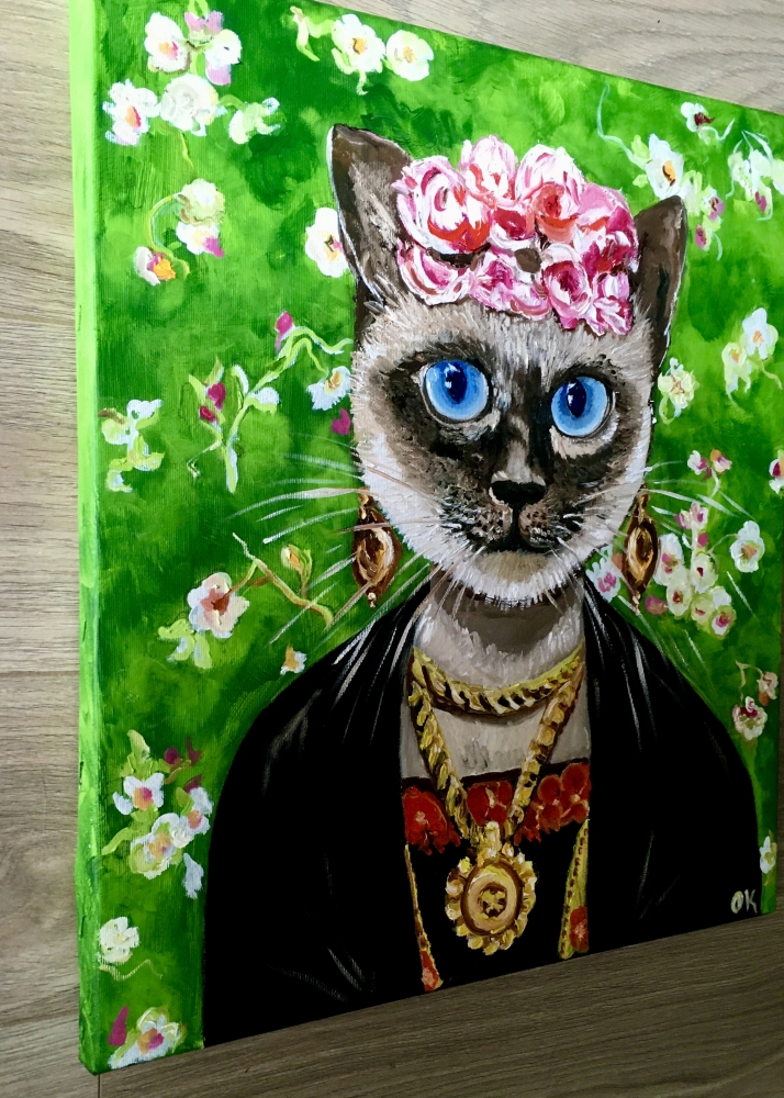 Siamese cat Frida Kahlo inspired by her self-portrait with pink roses