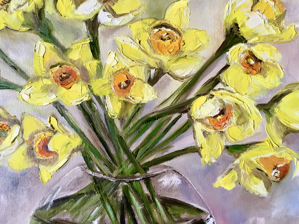 Bouquet of Daffodils #5 on wooden table, still life inspired by spring in a glass