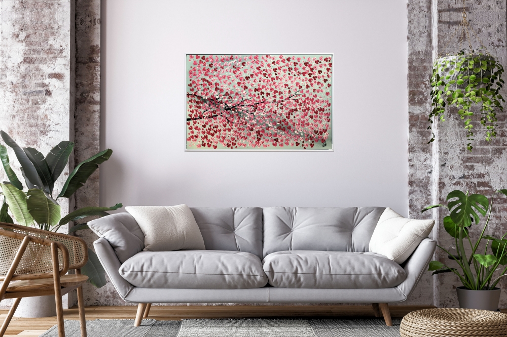 Blooming branch - red cherry blossom painting, framed