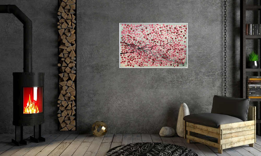 Blooming branch - red cherry blossom painting, framed