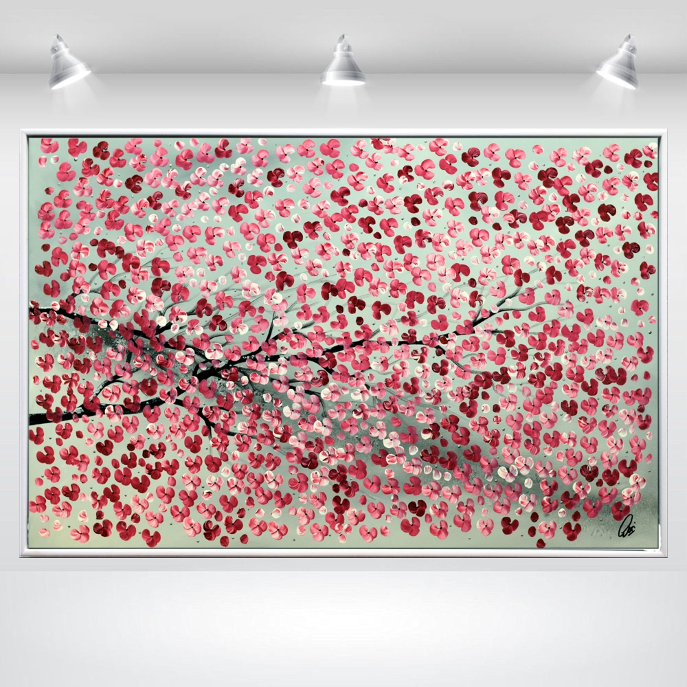 Blooming branch - red cherry blossom painting, framed