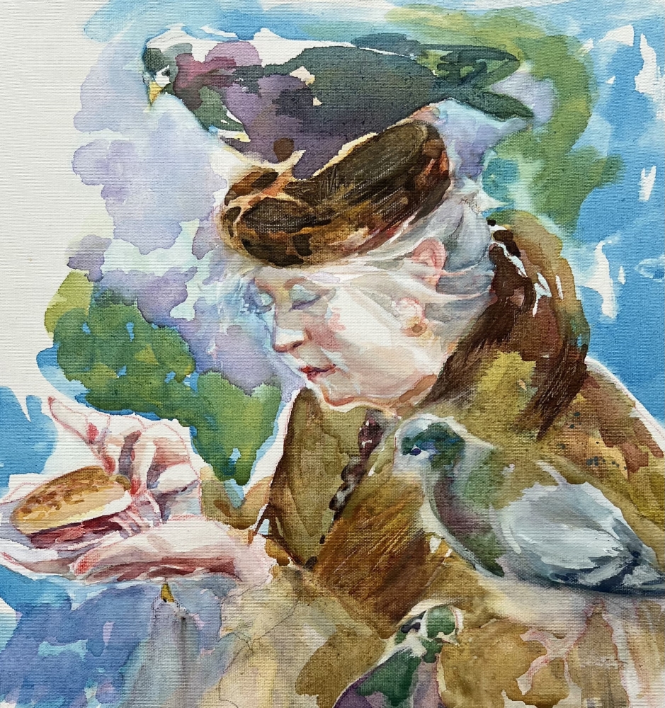 Lady Sharing Lunch With Pigeons