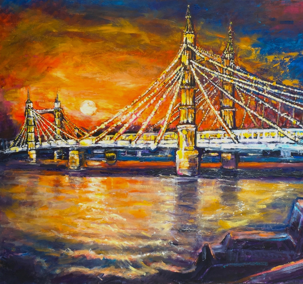 LONDON OIL PAINTING OF SUNSETTING BEHIND ALBERT BRIDGE