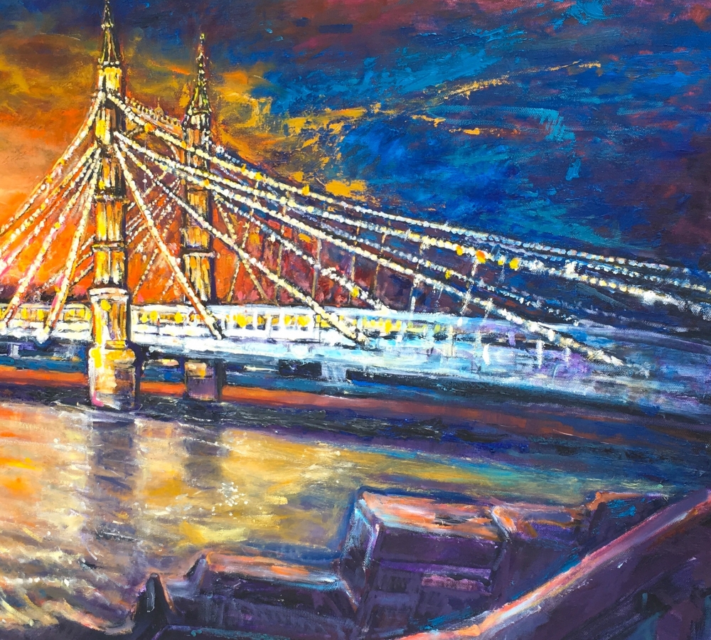 LONDON OIL PAINTING OF SUNSETTING BEHIND ALBERT BRIDGE