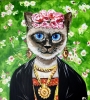 Siamese cat Frida Kahlo inspired by her self-portrait with pink roses