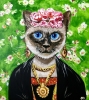 Siamese cat Frida Kahlo inspired by her self-portrait with pink roses