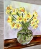 Bouquet of Daffodils #5 on wooden table, still life inspired by spring in a glass