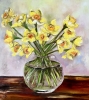 Bouquet of Daffodils #5 on wooden table, still life inspired by spring in a glass