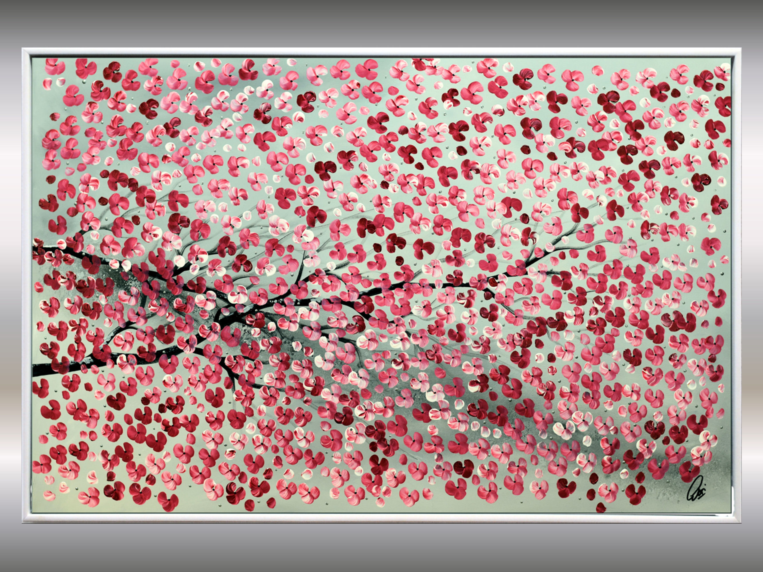 Blooming branch red cherry blossom painting, framed