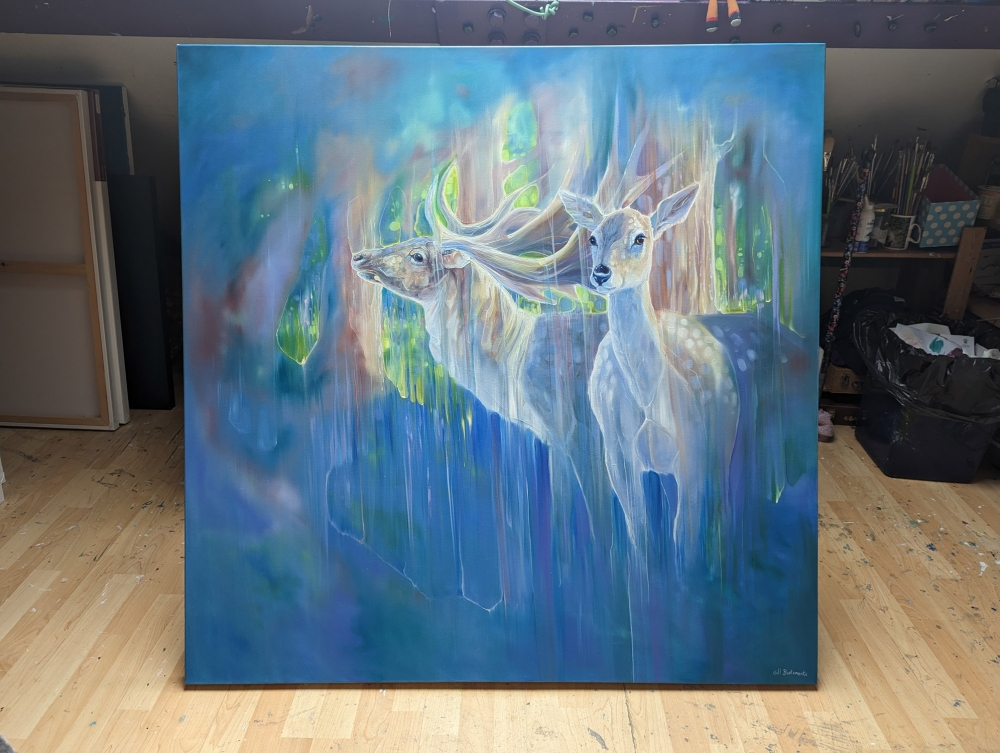 Divine Monarchs is a large semi-abstract wildlife painting of two deer