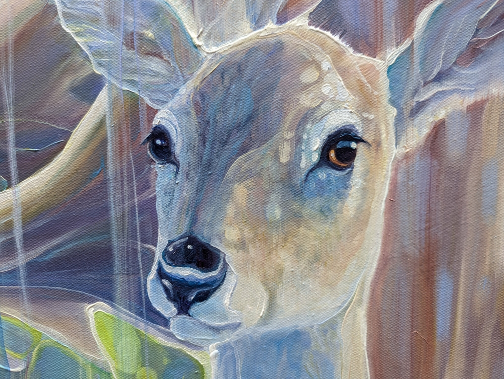 Divine Monarchs is a large semi-abstract wildlife painting of two deer