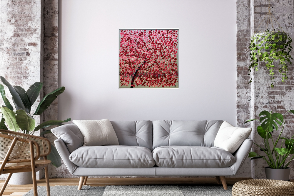 Blooming tree - red cherry blossoms on canvas