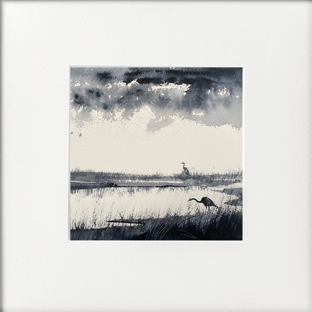 Monochrome - Herons on Wetlands framed