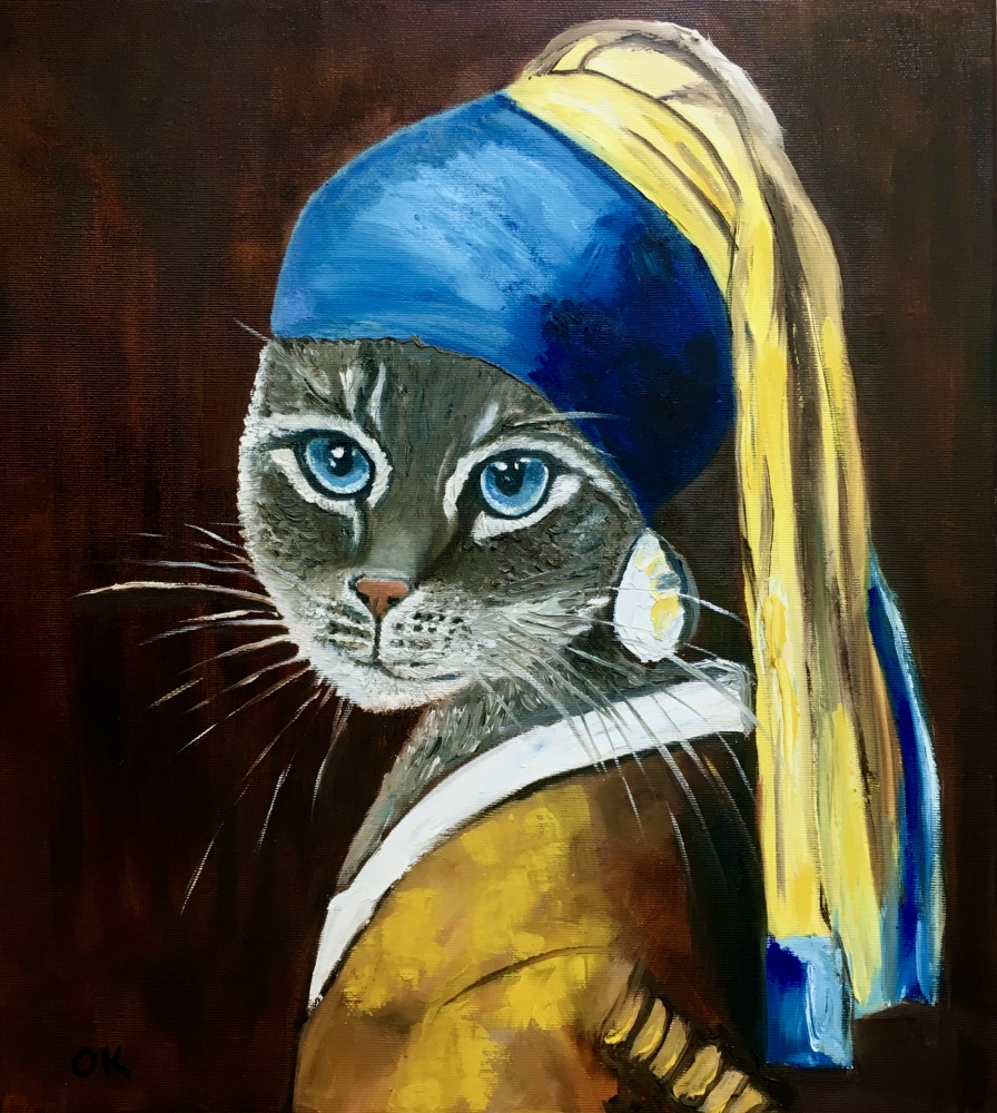 BRITISH BLUE CAT WITH THE PEARL EARRING #7 INSPIRED BY JOHANNES VERMEER PAINTING FELINE ART FOR CAT LOVERS