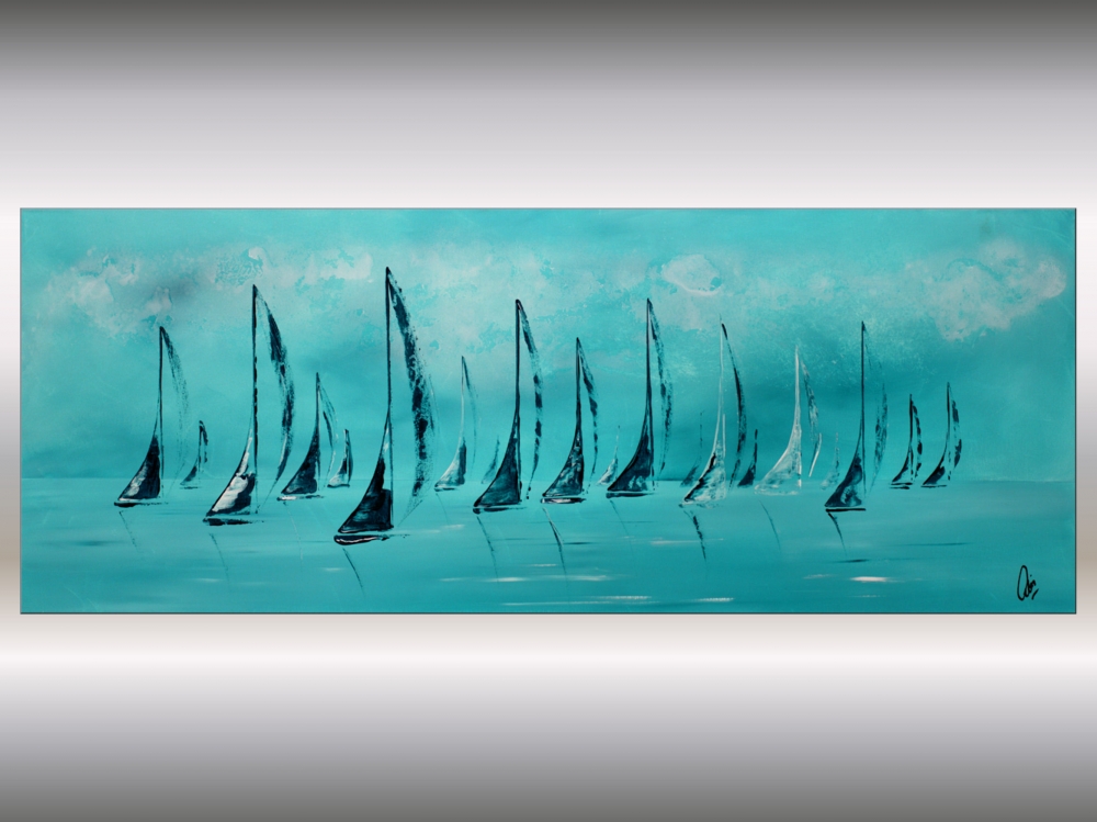 Blue yachting - abstract sailboats on canvas