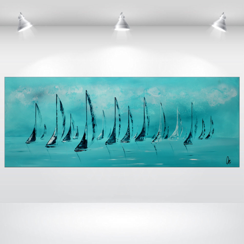 Blue yachting - abstract sailboats on canvas