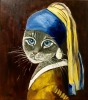 BRITISH BLUE CAT WITH THE PEARL EARRING #7 INSPIRED BY JOHANNES VERMEER PAINTING FELINE ART FOR CAT LOVERS