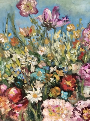 Colourful wild flowers landscape oil painting 