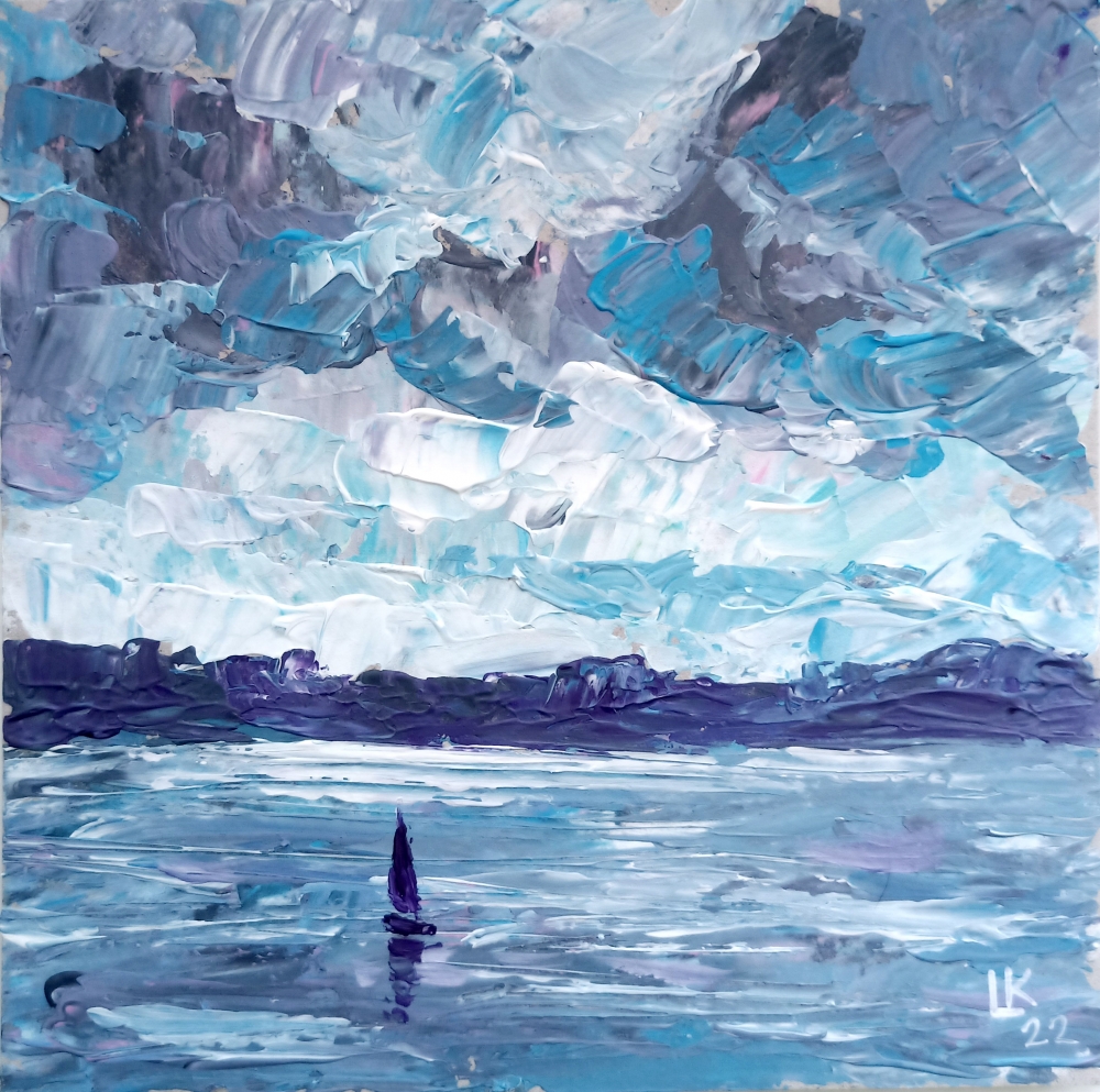 It's a nasty day. Seascape with sailboat.