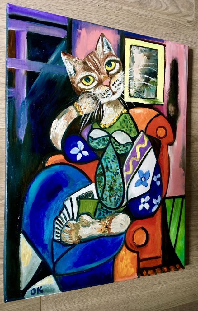 Cute Cat reading a book, version of Picasso painting 