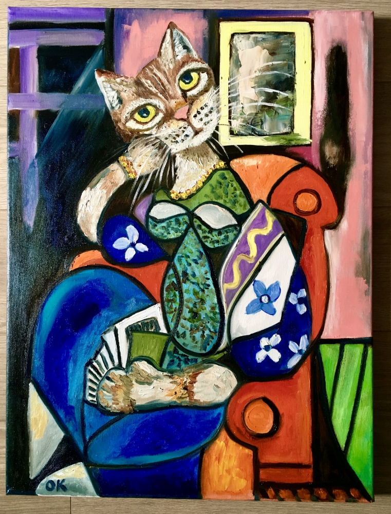 Cute Cat reading a book, version of Picasso painting 